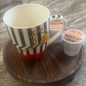 Black & White Striped Ceramic Coffee Mug with Red Rose and Gold Chain Accent